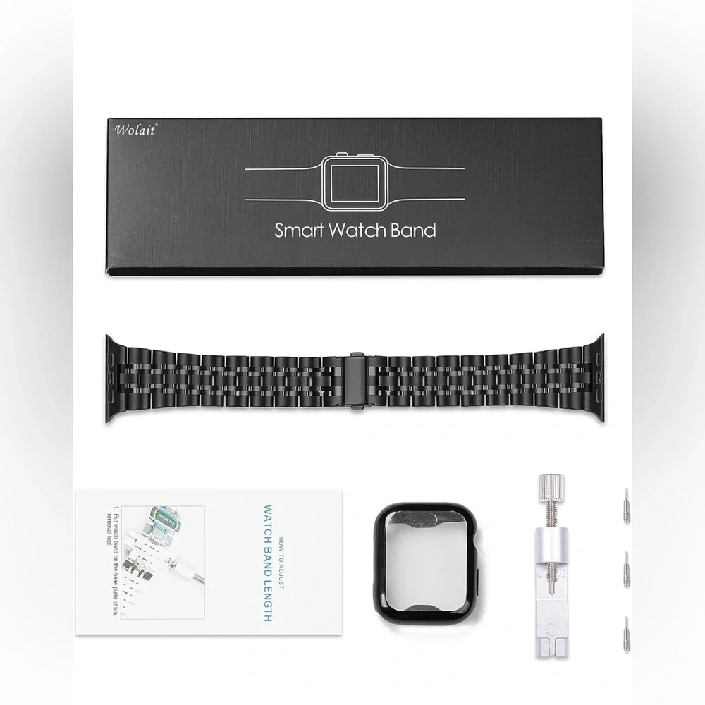 Wolait Compatible Apple Black Stainless Steel Watch Band 45mm with Case & Kit
